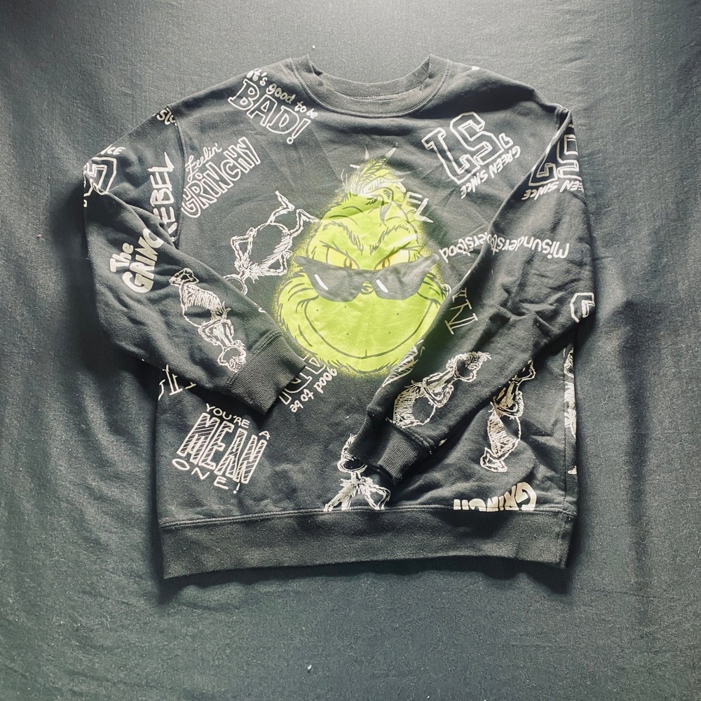 Dr Seuss The Grinch Sweatshirt Mens Medium Black All Over Print Pullover